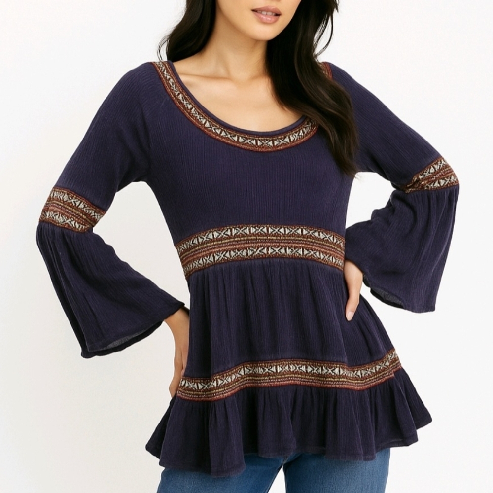 Anama Blouse Blue Long Sleeve Embroidered Trim Boho Peasant Hippie Size…